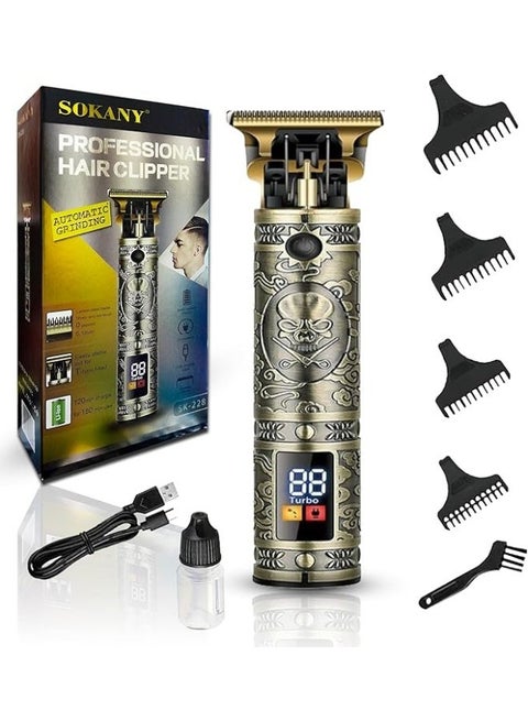 SK-228 Professional hair clipper and trimmer - Classic metal design with a unique style, LCD screen, and USB charging - Gold